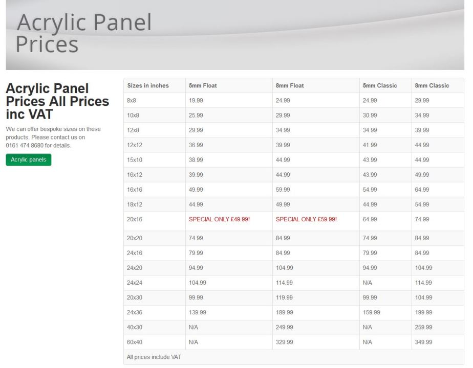 Prices for acrylic panels